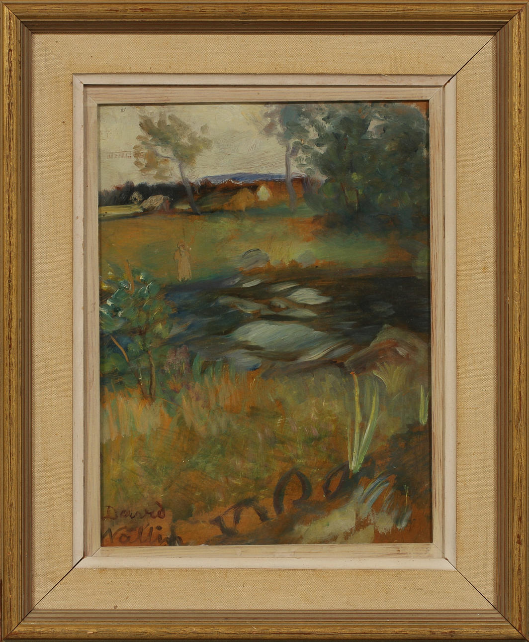 DAVID WALLIN. Figur i ängslandskap. Olja på pappannå, signerad.