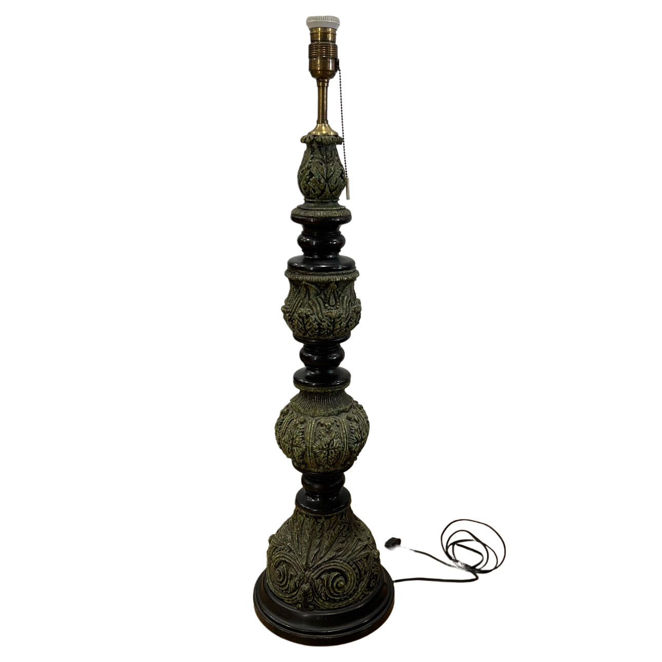 Stor bordslampa i grön sandsten och trä.