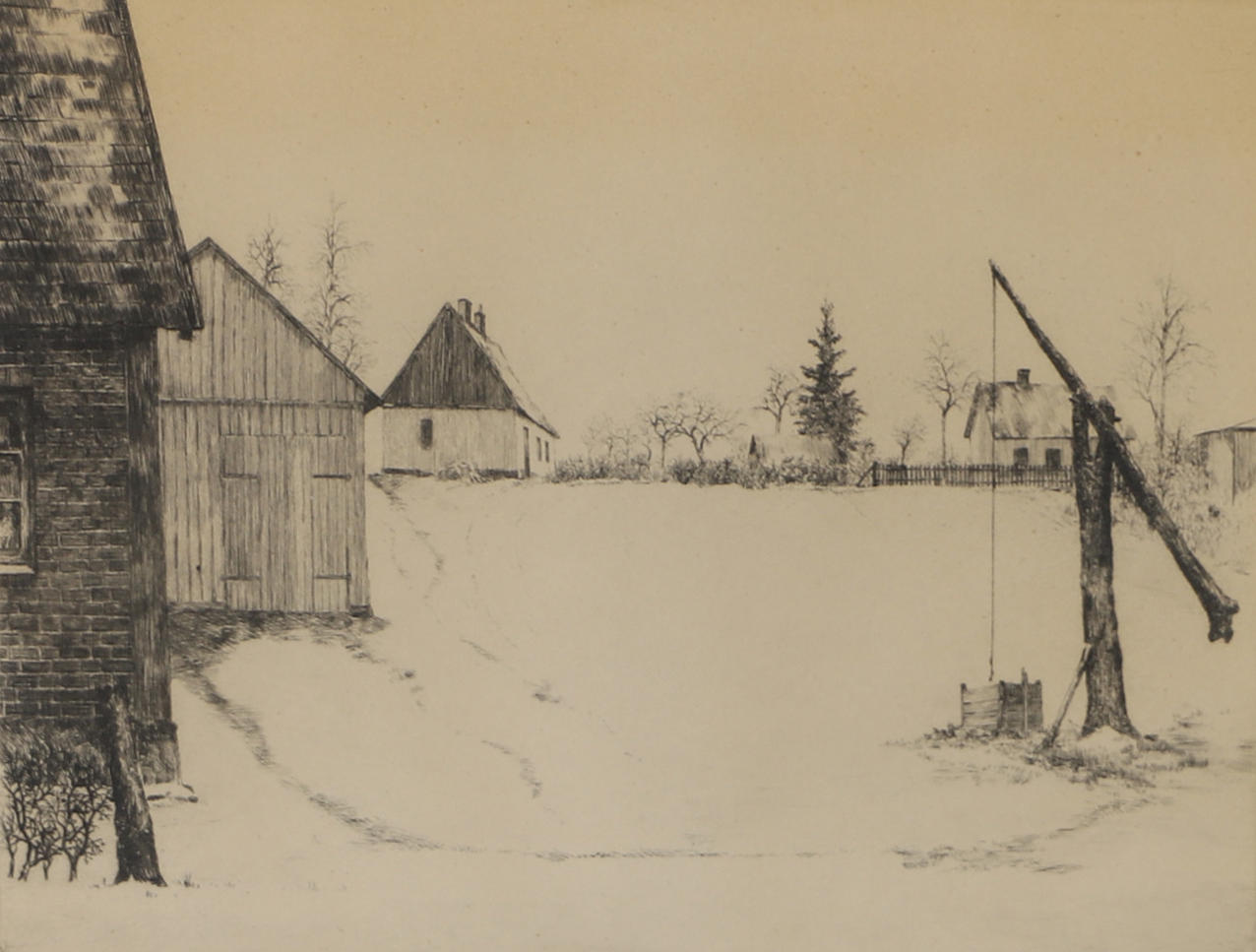 EMIL JOHANSSON-THOR. Vinter Hällestad, ætsning, signeret.