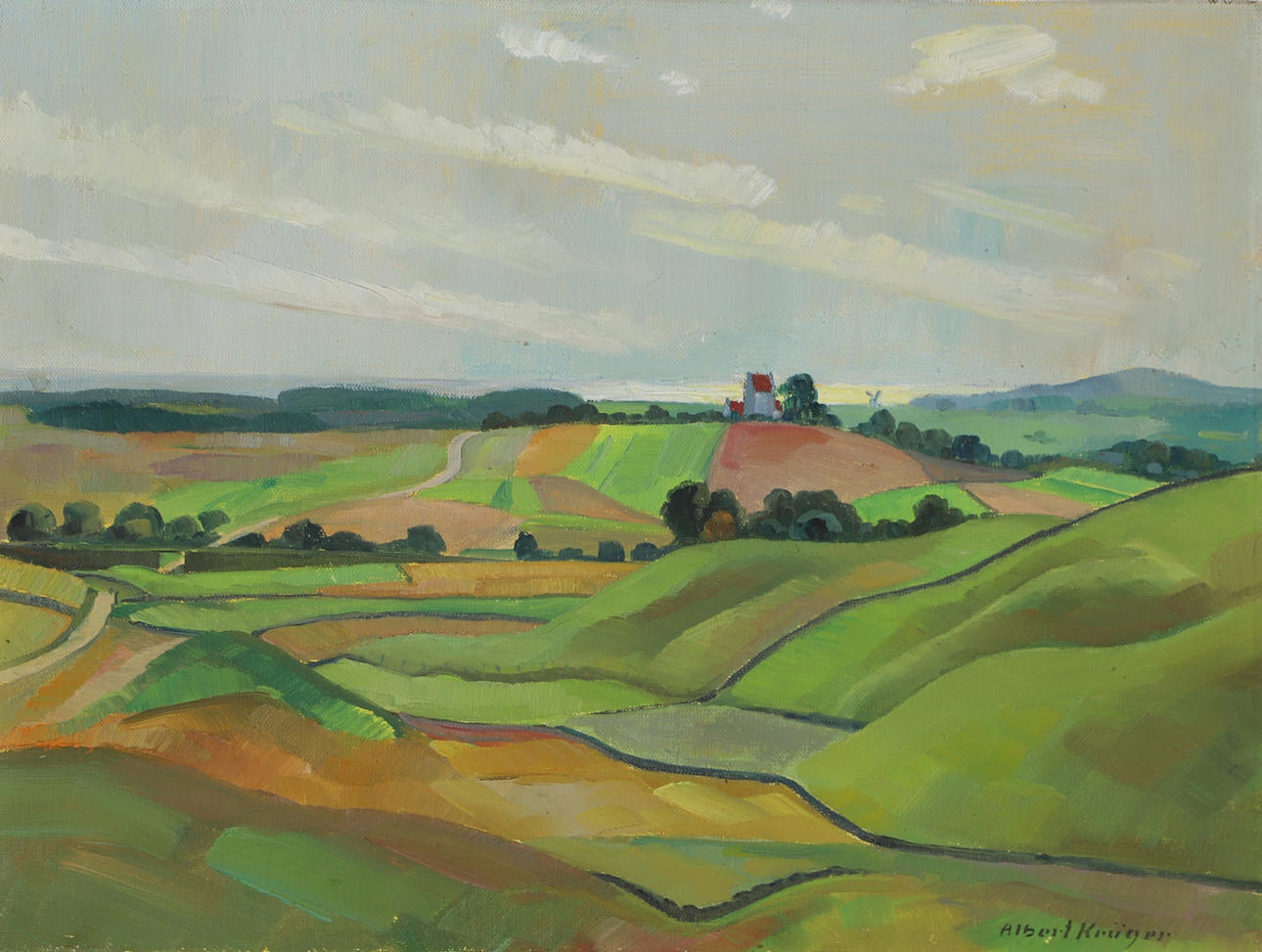 ALBERT KRÜGER. Scanian landscape with church, oil on canvas, signed ...