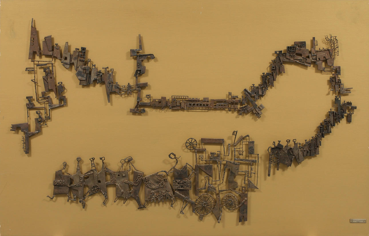 BERTIL L BERGGREN. Väggrelief, metall, monterad på träskiva.