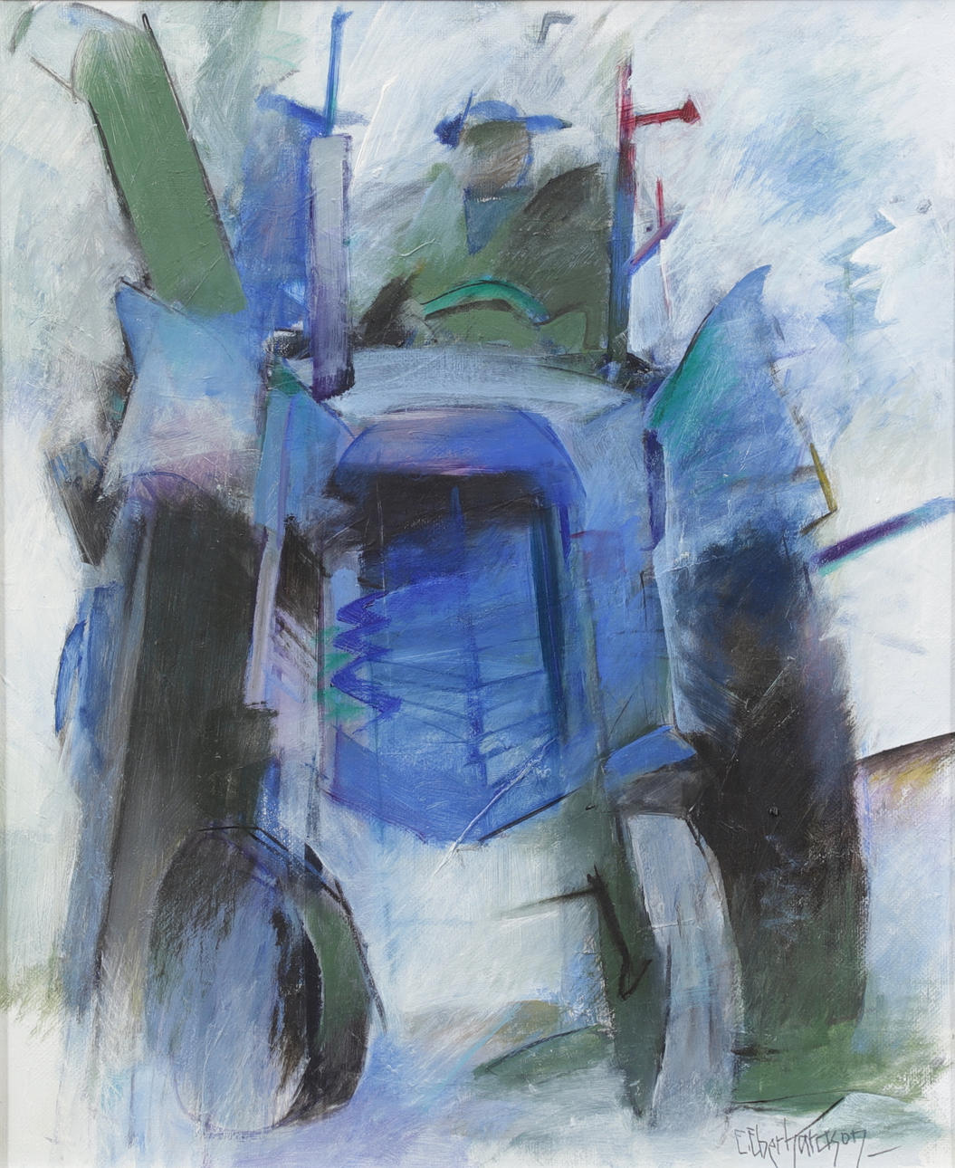 EBBE EBERHARDSON. «Tractor azul», óleo sobre tabla, firmado.