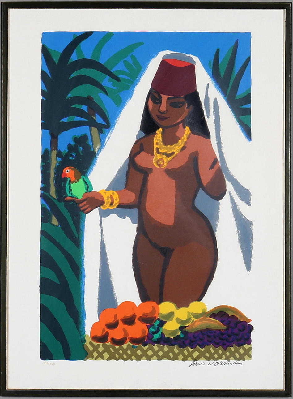 LARS NORRMAN. Kvinna med papegoja ur serien kvinnor, serigrafi, signerad.
