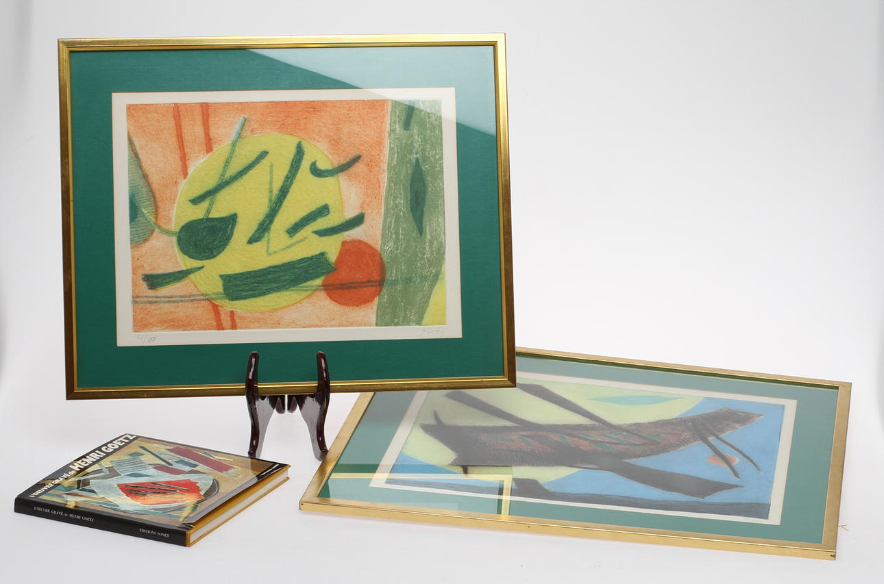 HENRI GOETZ. 2 st, färgetsningar, signerade samt numrerade 60/100 resp 30/50 + BOK L'Oeuvre Gravé de Henri Goetz 1940-1972.