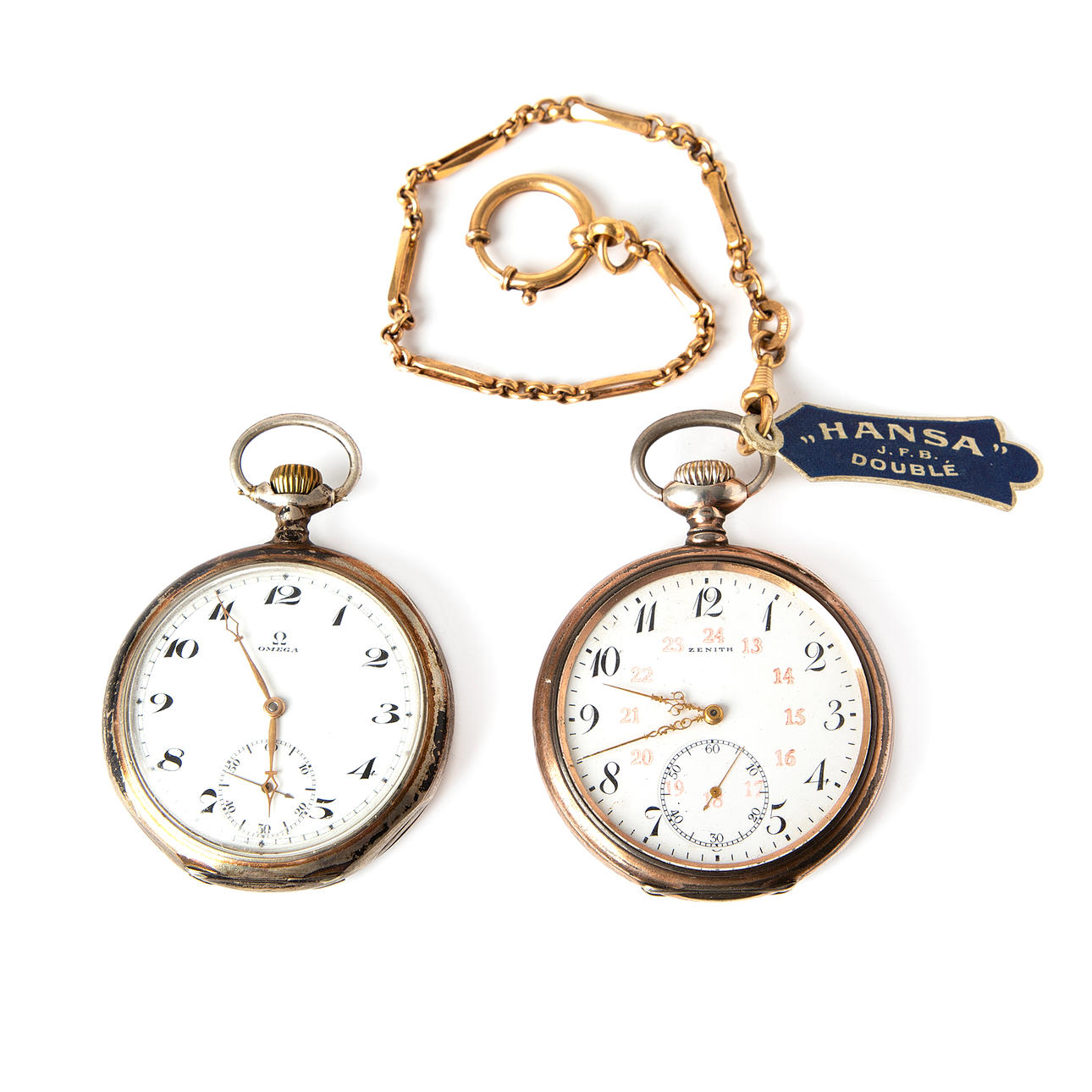 OMEGA och ZENITH, taskukellopar, hopeaa, 1920-tal.