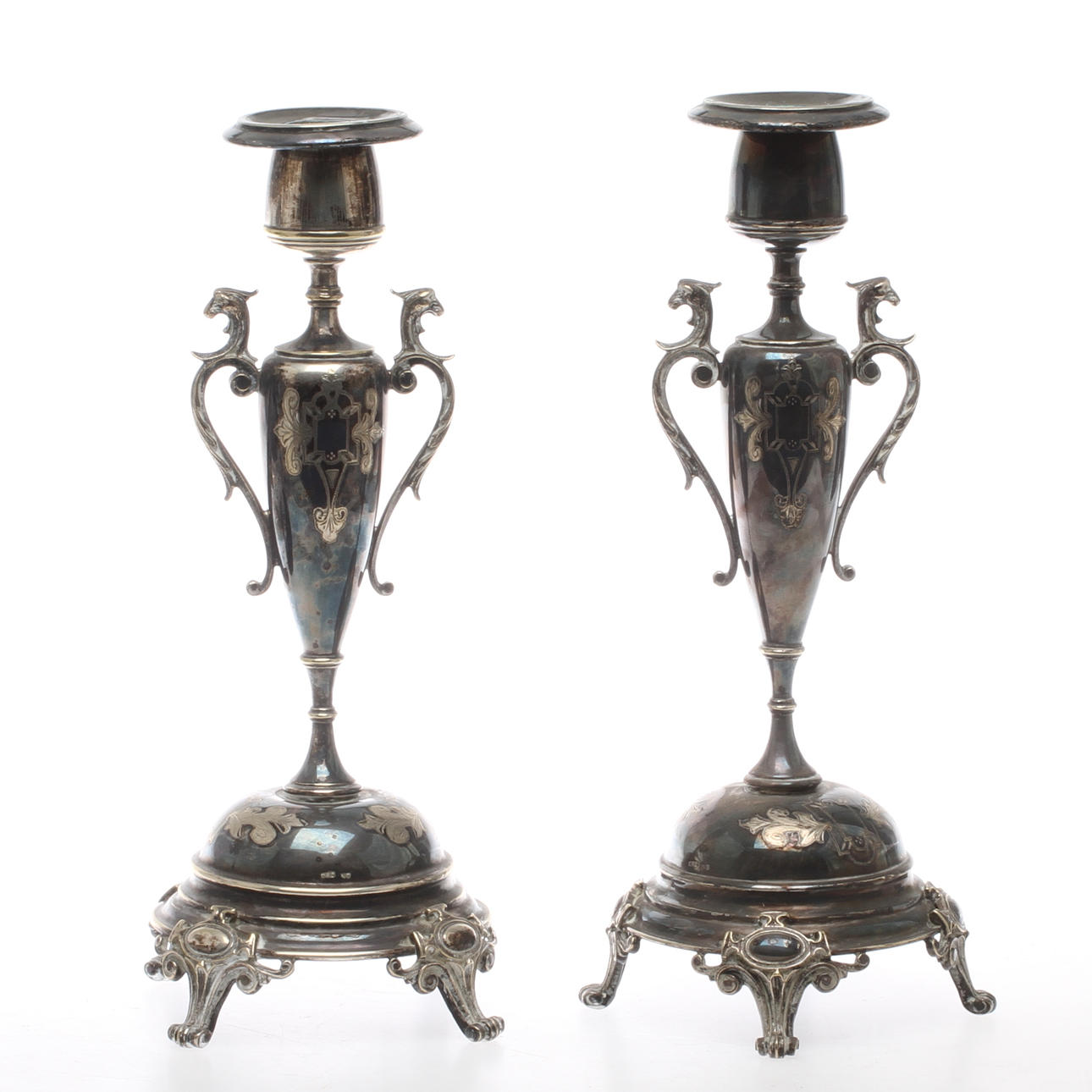 LJUSSTAKAR, 1 par, nysilver, Carlströms Nysilverfabrik, Stockholm. 1900-tal.