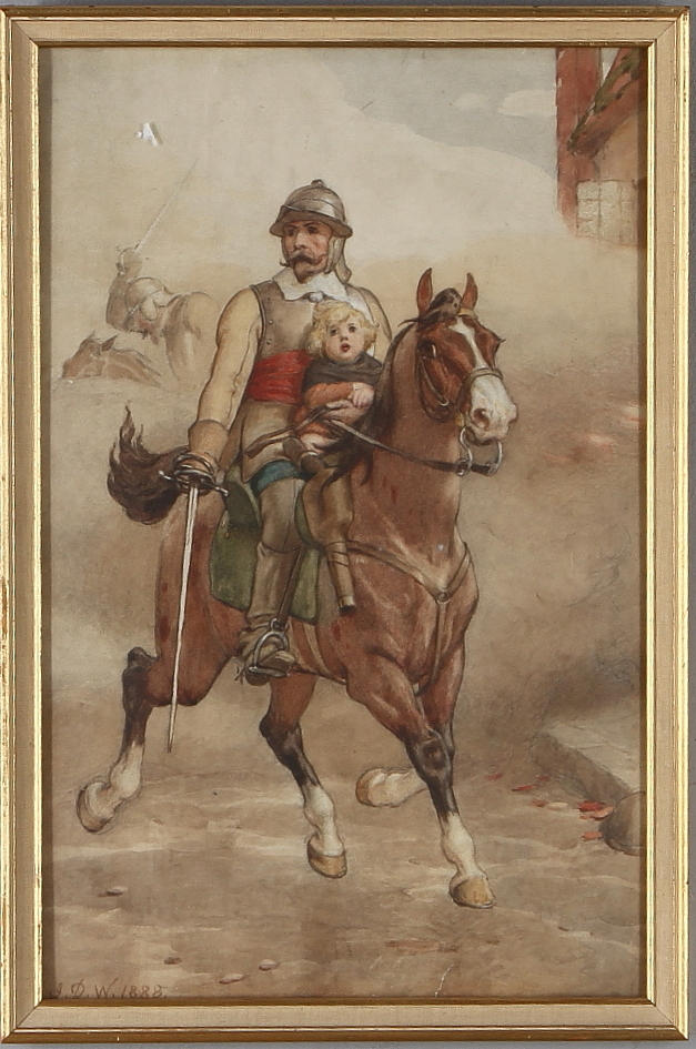 JOHN DAWSON WATSON. Ridande soldat med barn, akvarell, monogramsignerad.