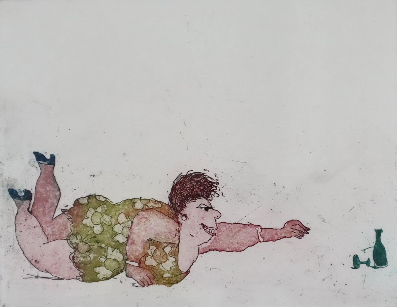 JANOSCH (HORST ECKERT). - "Trinkerin", Farbradierung auf Papier.