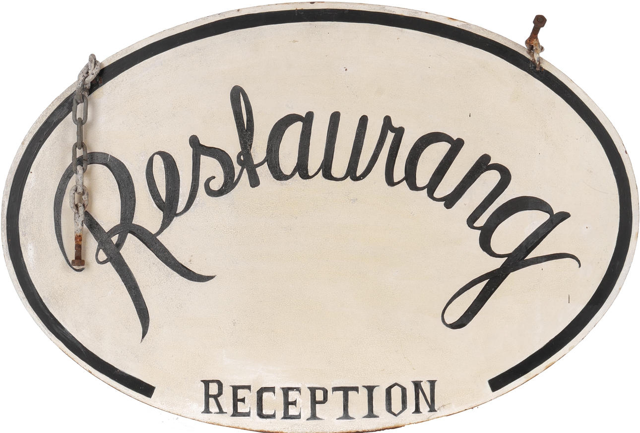 JÄRNSKYLT, "Restaurang Reception", dubbelsidig.