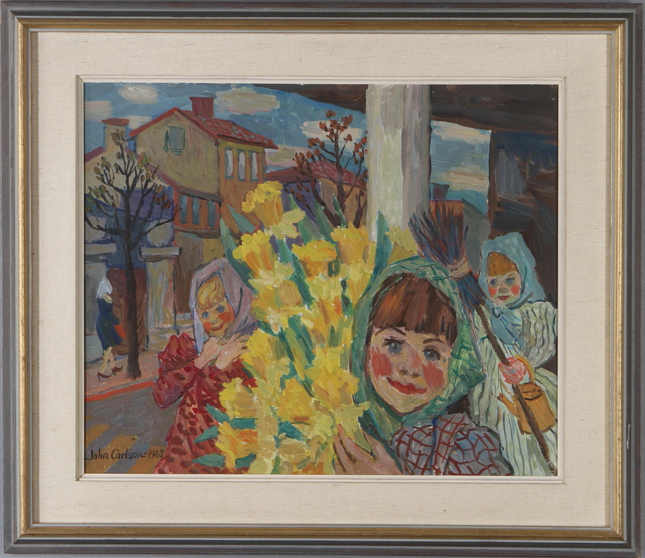 JOHN CARLSON. påskkärringar, olja på pannå, signerad samt daterad 1963.