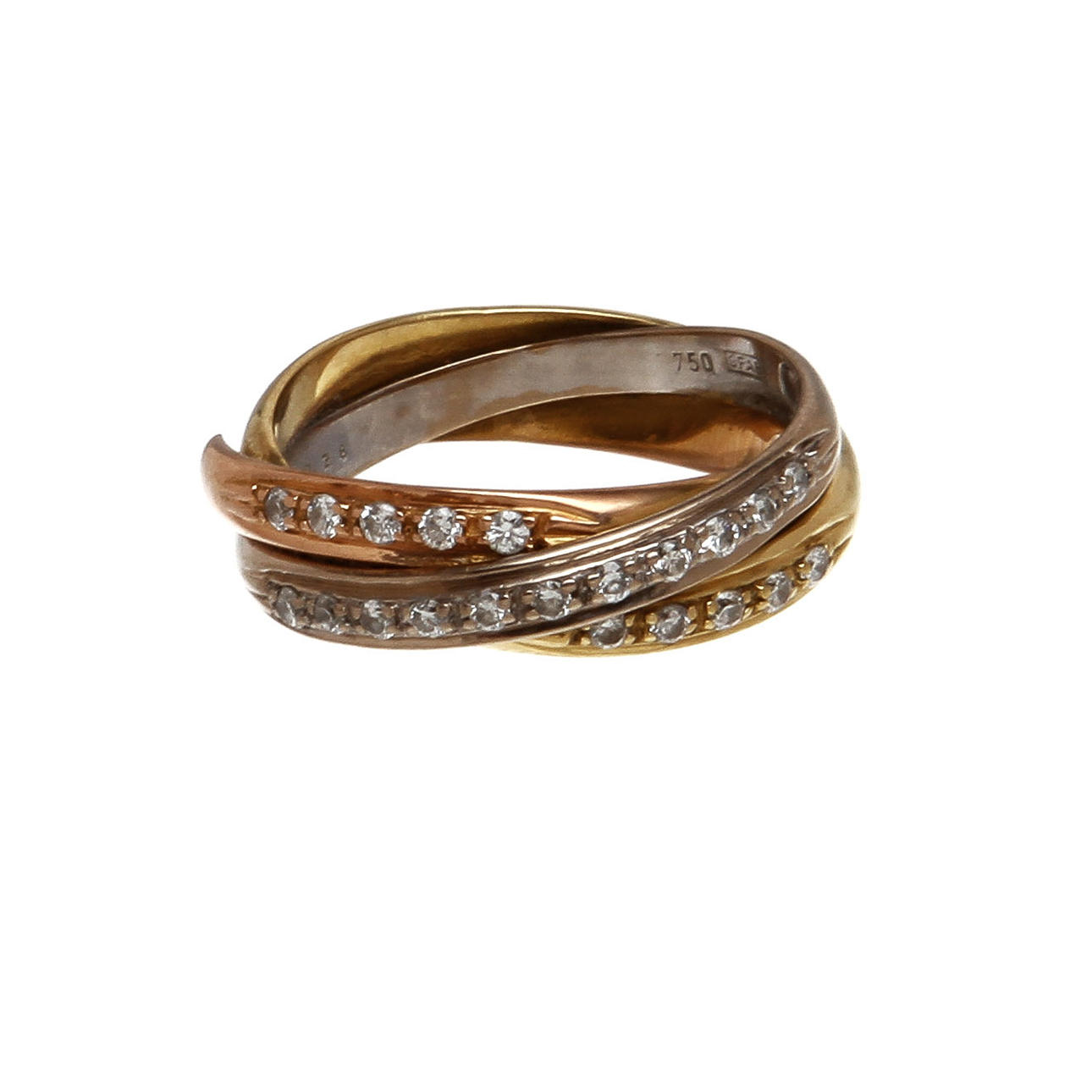 RING, 18K guld, tricolor med diamanter, totalt ca 0,28 ct. Vikt 4,7 g.