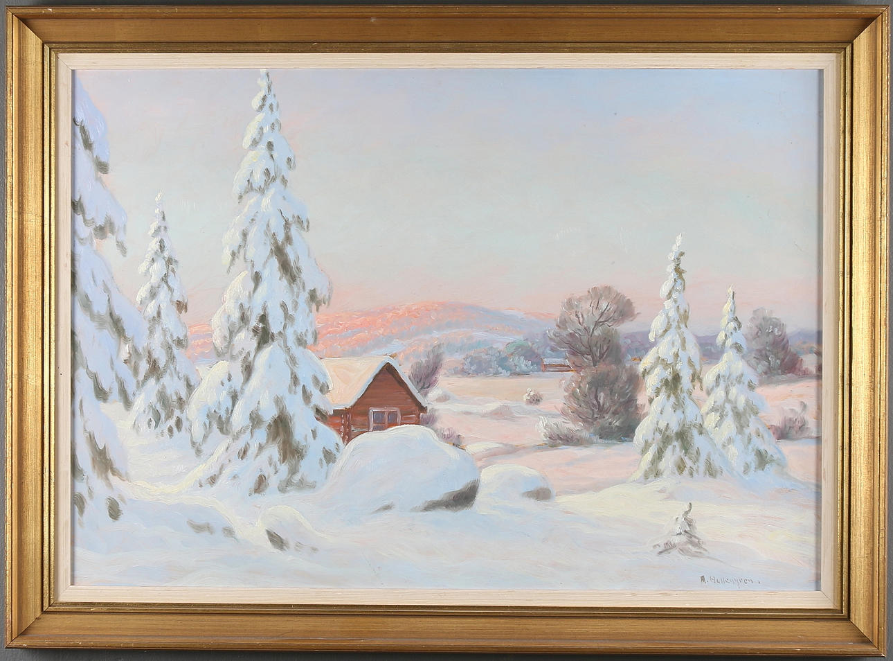 AUGUST EMANUEL "MANNE" HALLENGREN. "Vinterlandskap", olja på pannå, signerad.