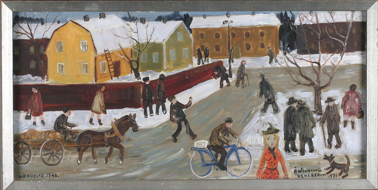 ÅKE WICKSTRÖM. "Händelse 1940", olja på pannå, Vekerum, signerad och daterad 1971.