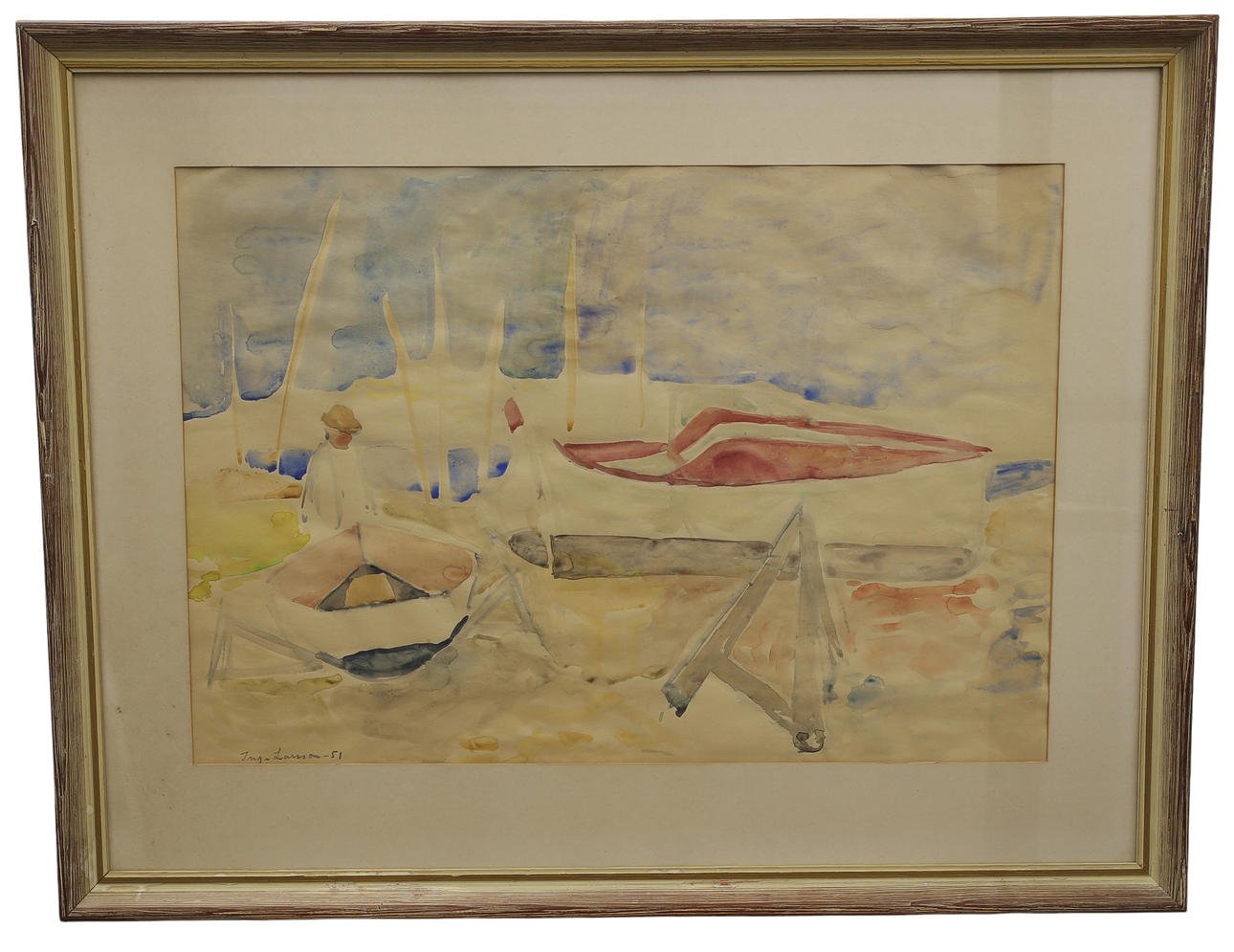 INGA LARSSON. Watercolour, fishing mode, signed, dated 1951.