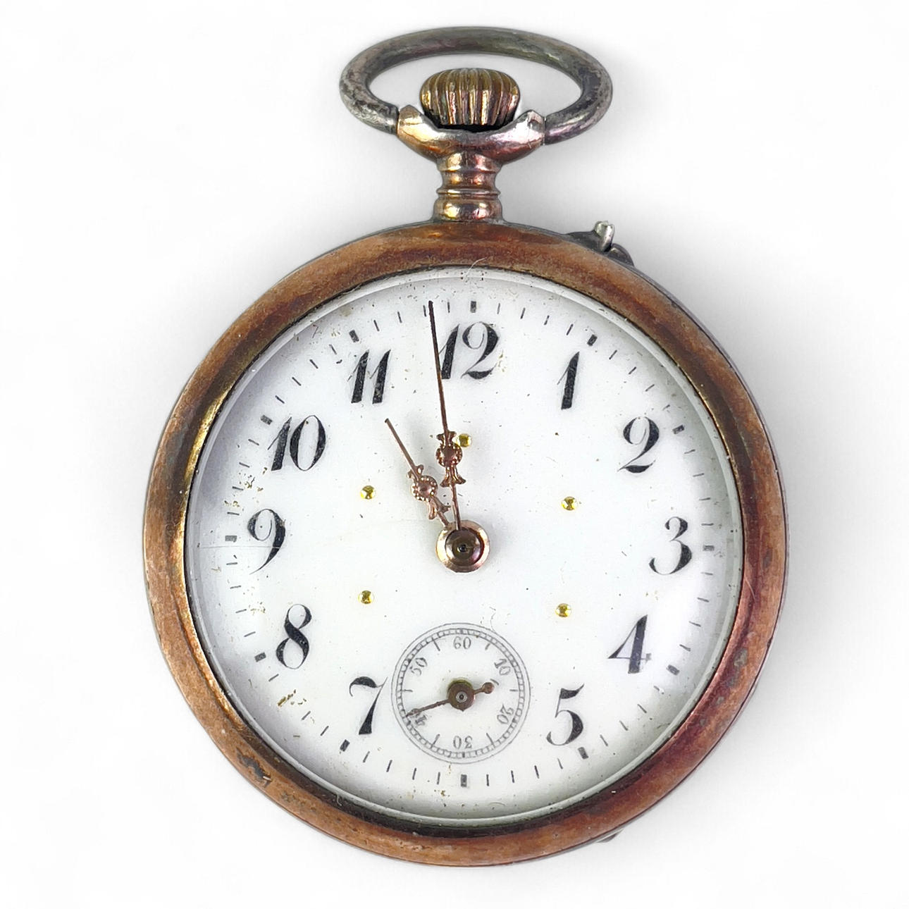 Taskukello, ns. isoäidin kello, Remontoir, hopea. 10 rubiinia.