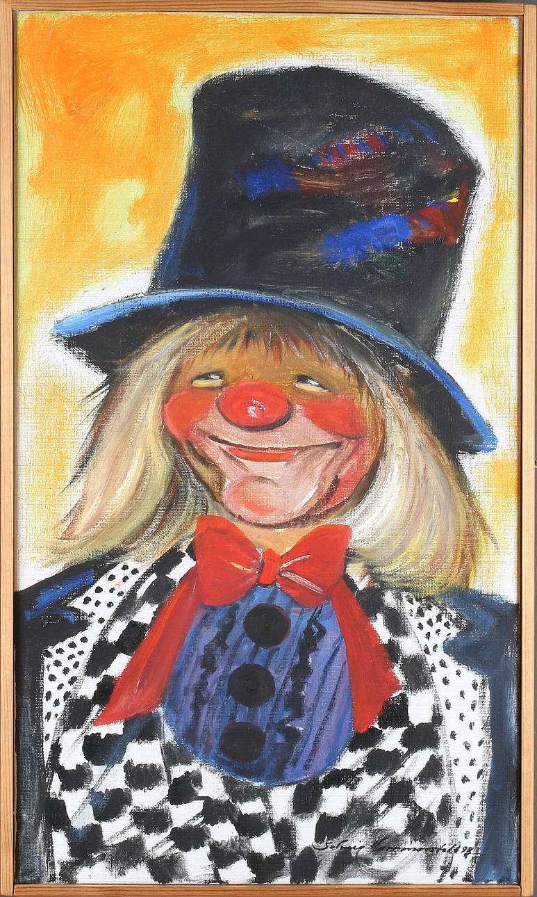 SOLVEIG HAMMARSTEDT. Clown med hatt, olja på duk, signerad och daterad -98.