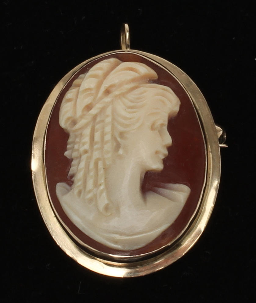 BROSCH/HÄNGE, 14k guld med came, 1900-tal.