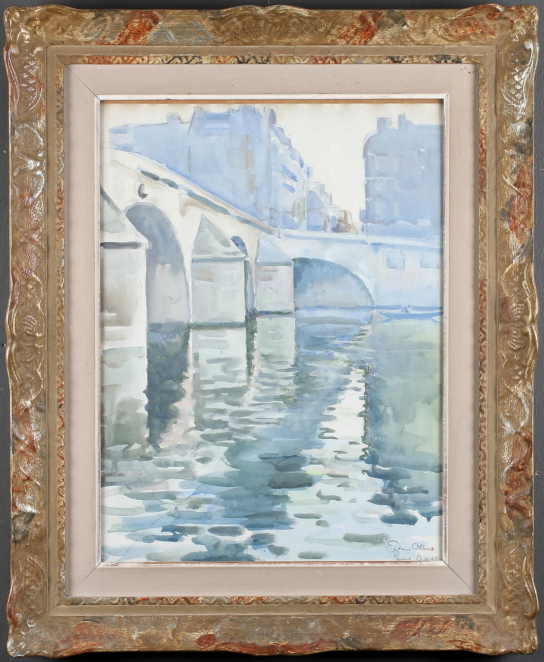 EDVIN OLLERS. Bro i Paris, akvarell, signerad och daterad 13/10 -47.