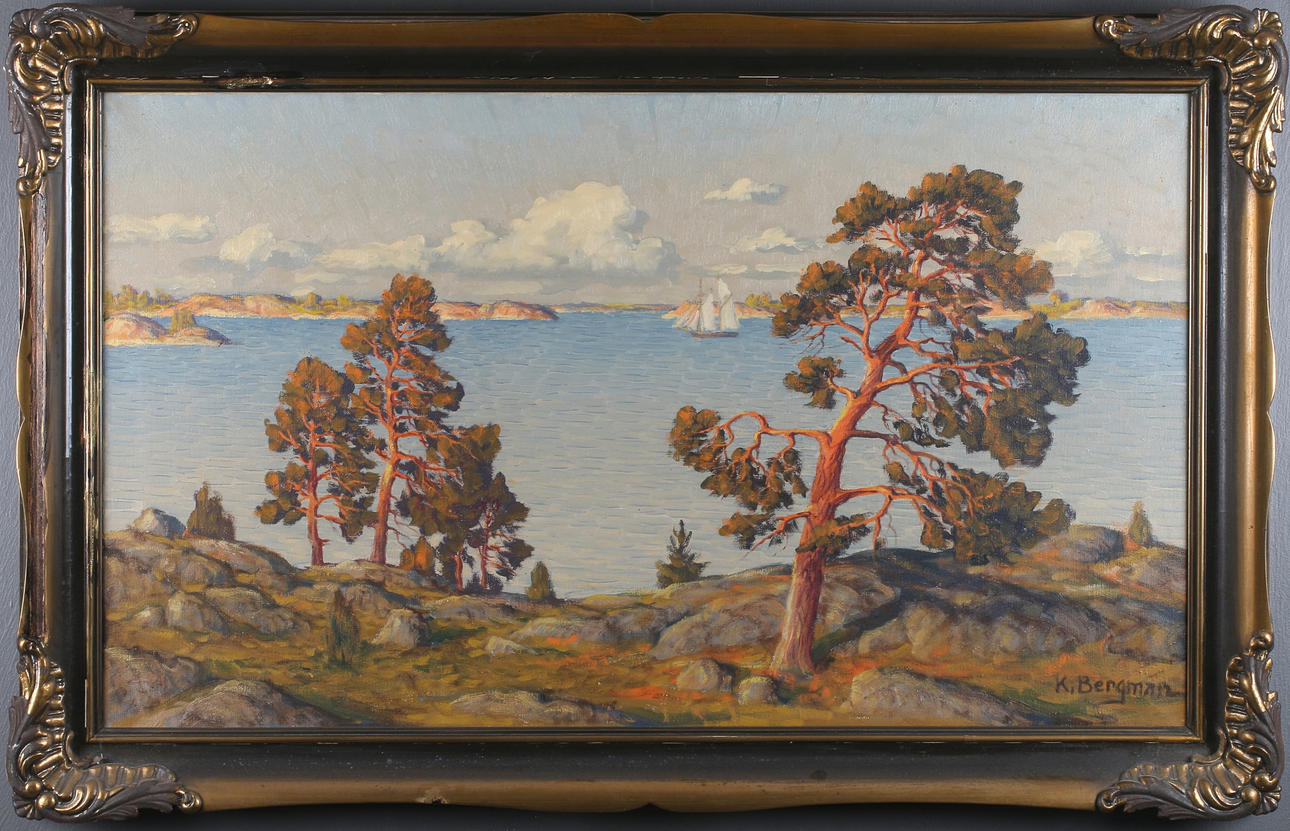 KARL BERGMAN. Havsutsikt från berg, olja på duk, signerad.