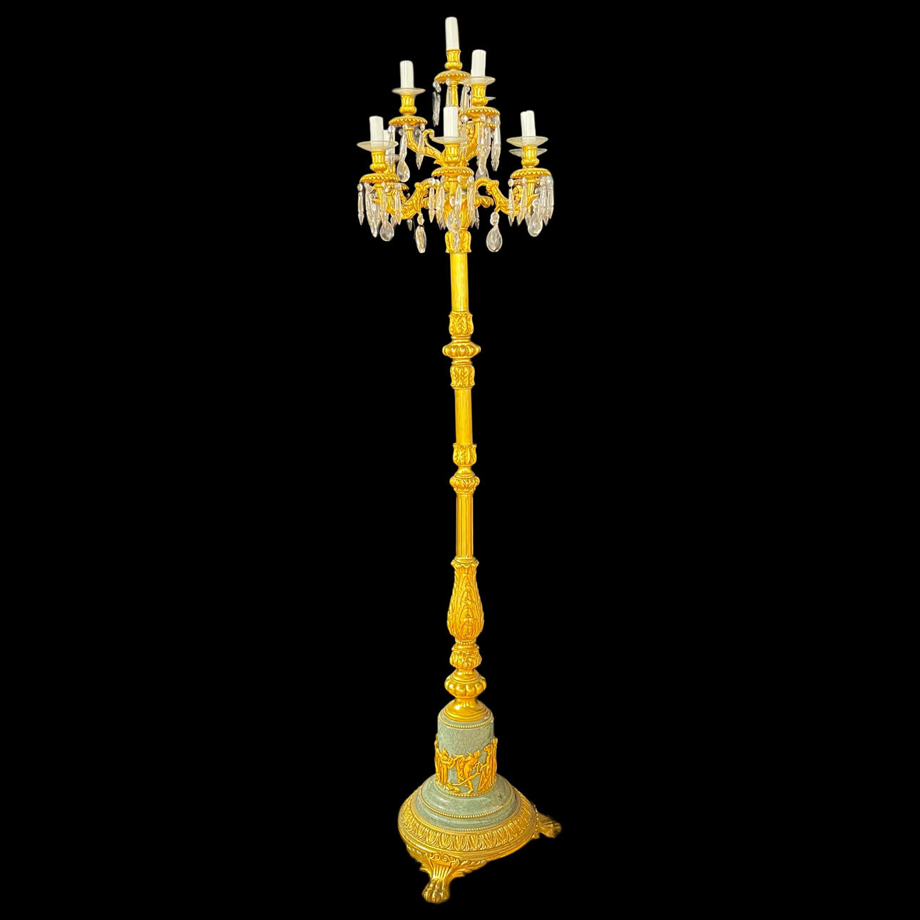 Chandelier-like floor lamp with 8 lights on several levels. Bronze, glass teardrops and marble base.
