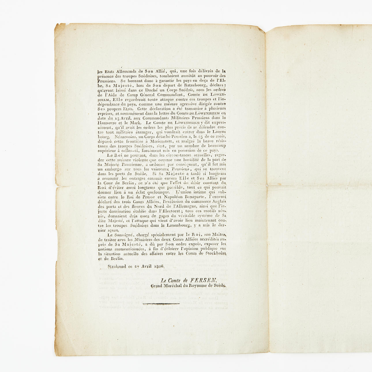 VON FERSEN, LETTER, STRALSUND, 1806.