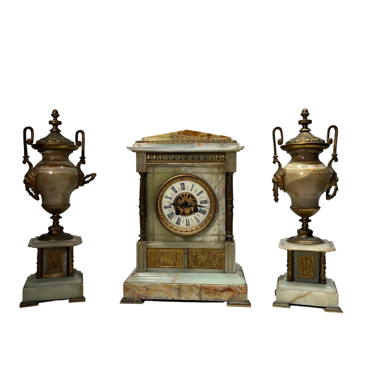 Table clock with bronze and alabaster trim.