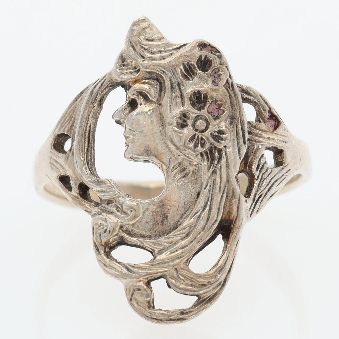 RING, sterlingsølv, kvindeansigt.