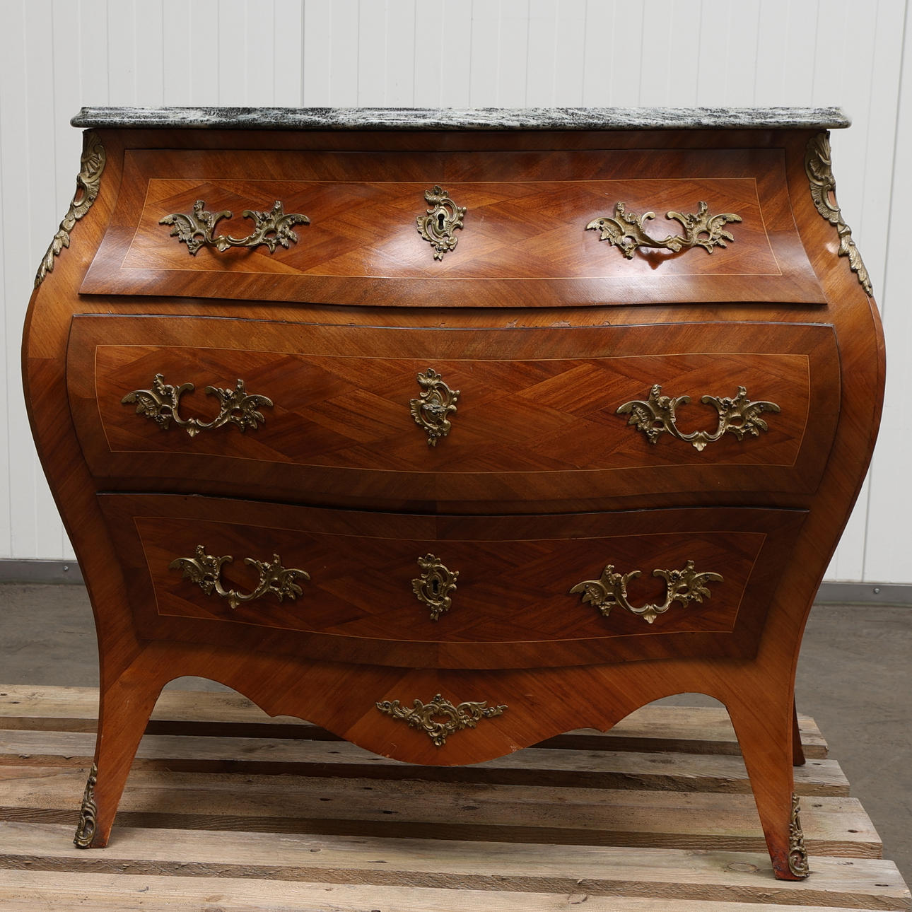 Chest of drawers, rococo style, with stone top, three drawers, curved ...