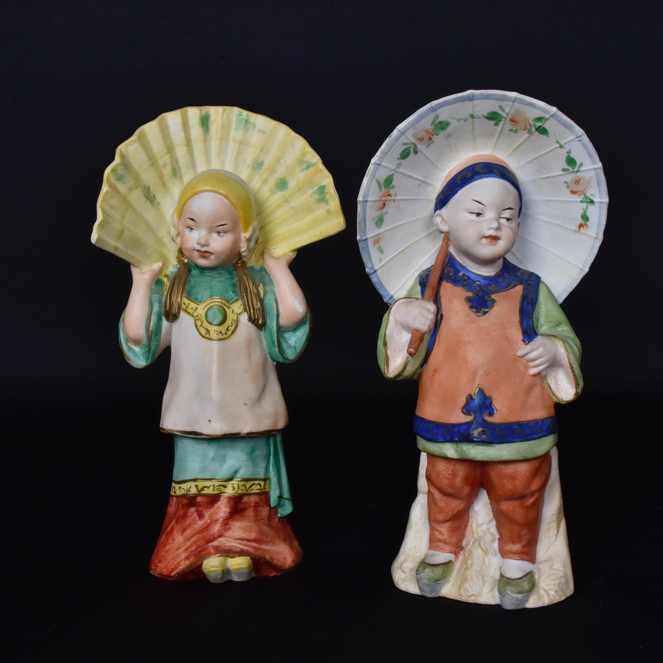 2 painted bisque porcelain figurines, Heubach, Germany.
