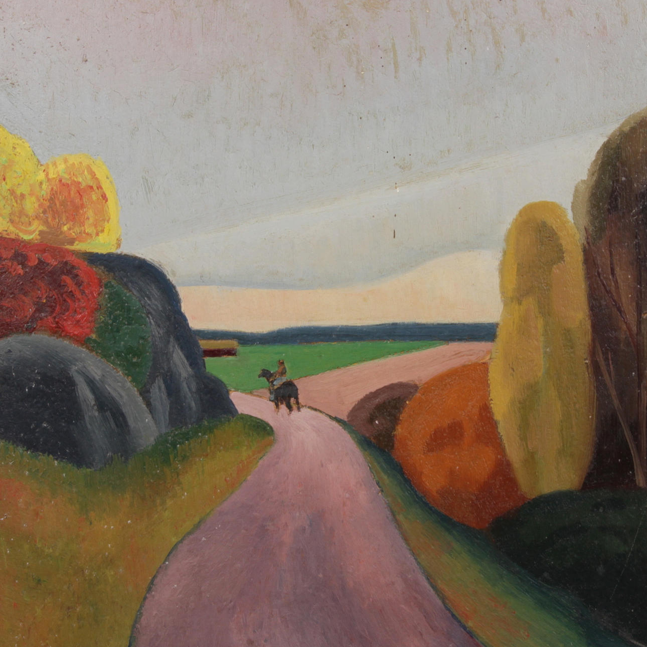 AUGUST LUNDBERG. Olja på pannå, man på häst, signerad.