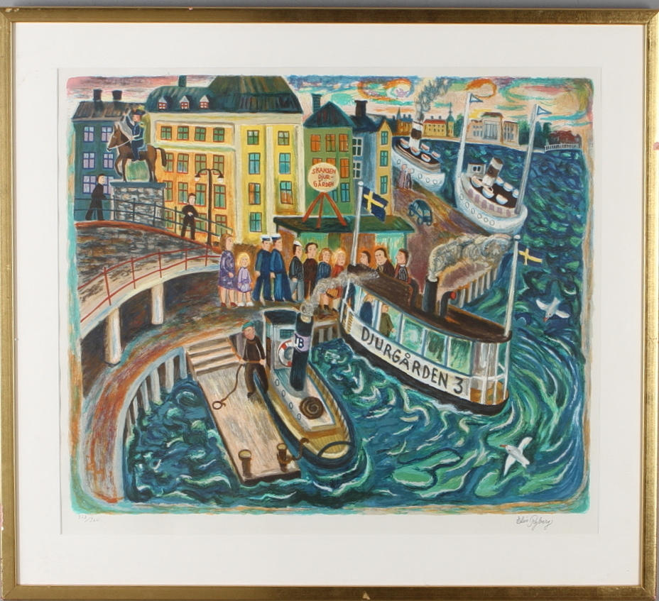 ELIS RYBERG. Djurgårdsfärja vid Gamla stan Stockholm, färglitografi, signerad och numrerad 312/360.