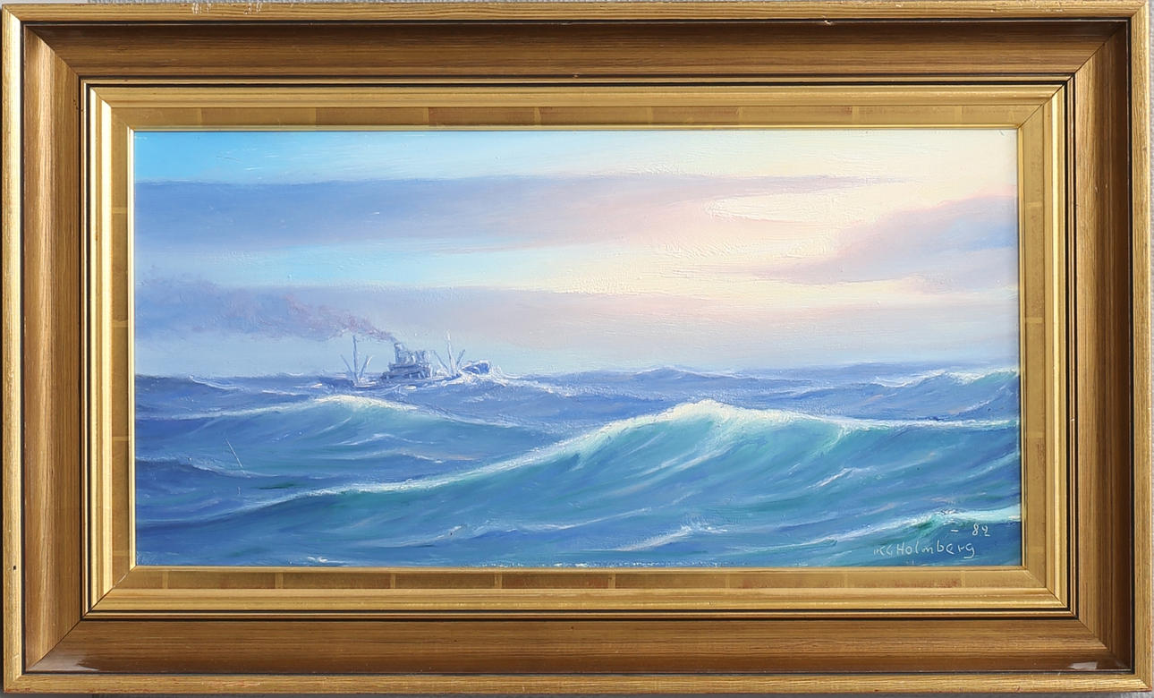 KARL GUSTAV HOLMBERG. "Ångfartyg i grav sjö, Nordsjön", Olja på pannå, signerad och daterad -82.