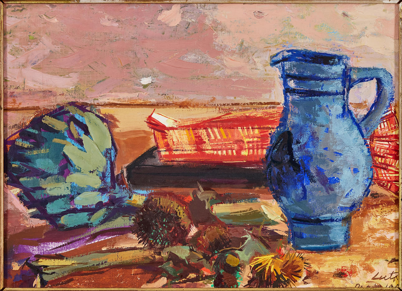 KARIN LUTS. Stillleben, blaue Kanne und Disteln.