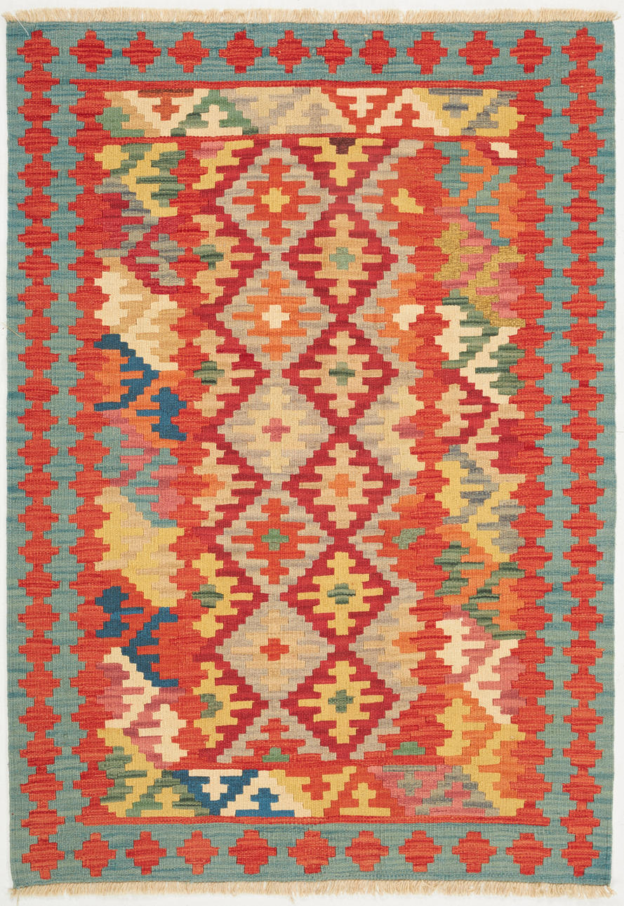 ORIENTTEPPICH. Kelim, blau/orange Grundfarbe.