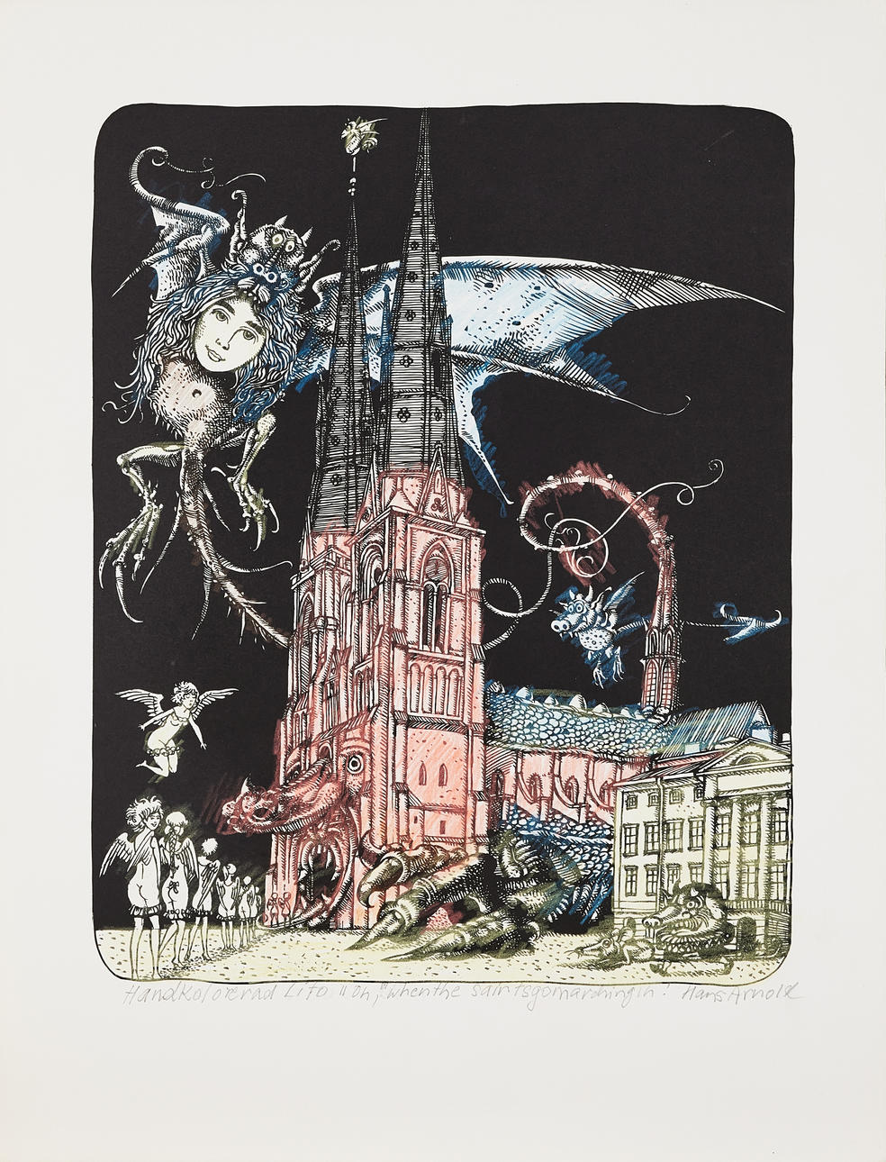 HANS ARNOLD. “Oh when the saints go marching in”, hand coloured lithograph, signed.