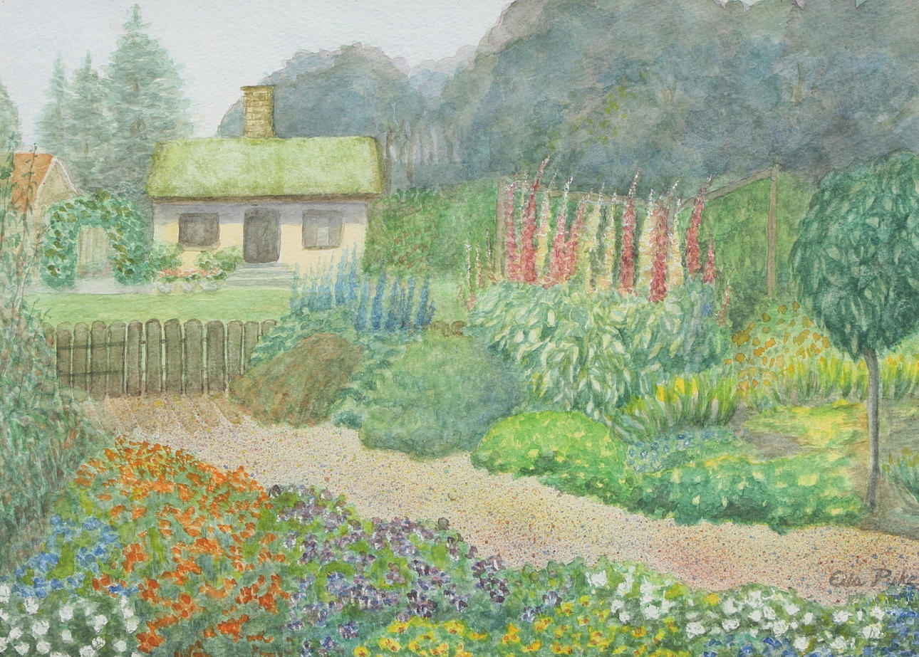 OIDENTIFIERAD KONSTNÄR. Watercolor, summer garden, signed.