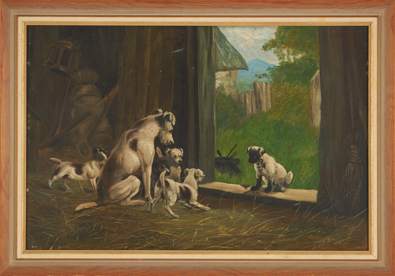 OIDENTIFIERAD KONSTNÄR. dogs, oil on canvas, signed Broström and dated 1897.