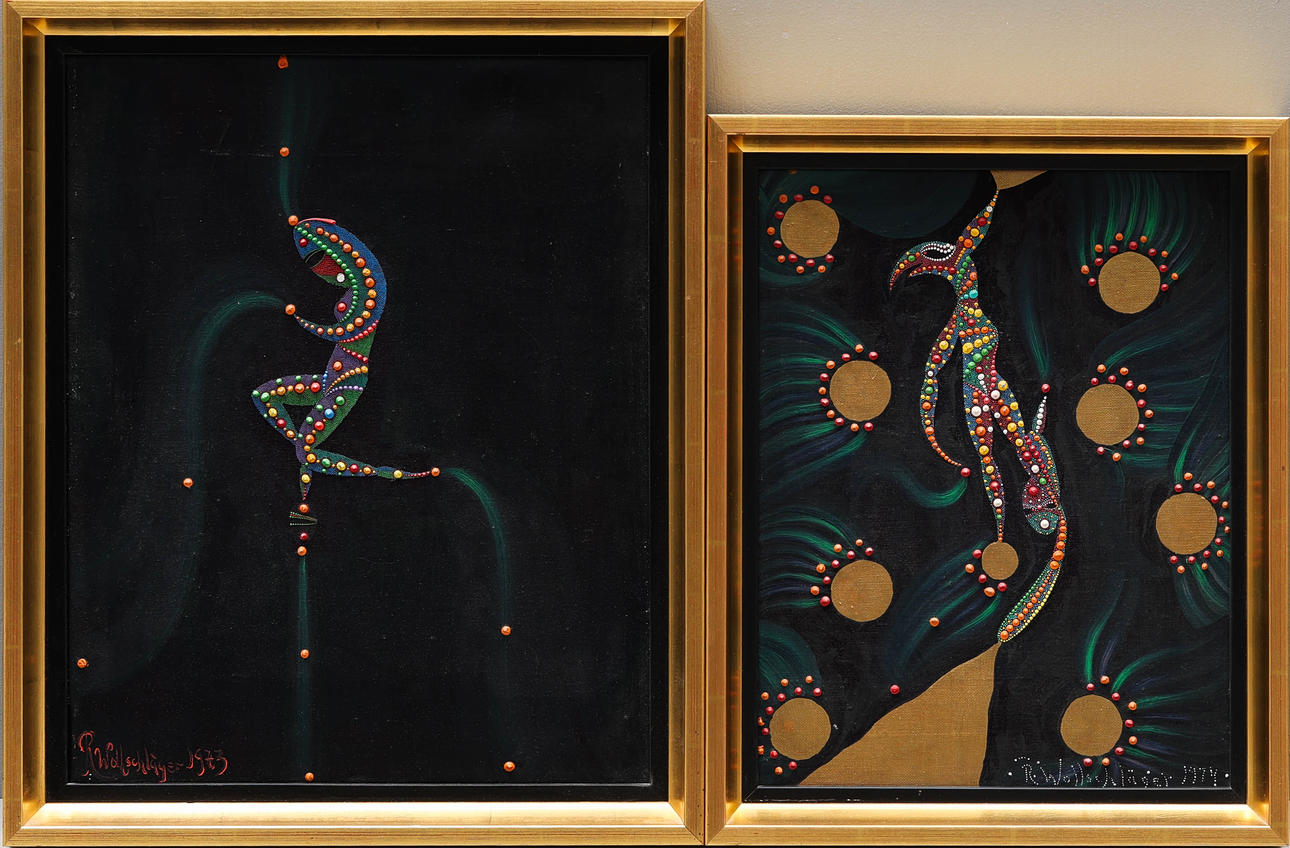 RAGNAR WOLLSCHLÄGER, mixed media on canvas, 2 pieces, composition, signed R Wollschläger, dated 1973 and 1974.