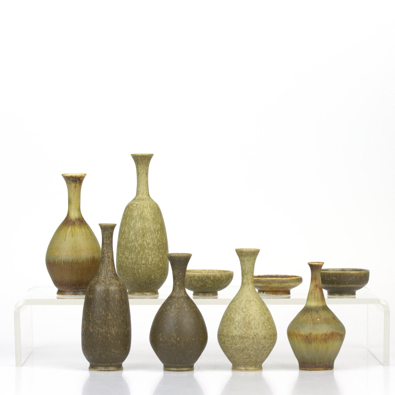 GUNNAR BORG. Miniatures, 9 pcs. glazed stoneware, signed, Höganäs.