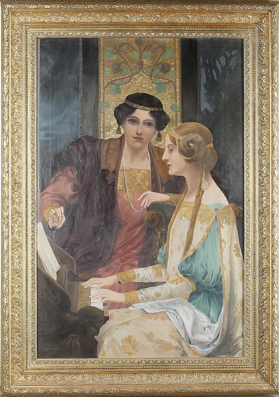OIDENTIFIERAD KONSTNÄR. Damer vid Orgel, olja på duk, signerad A Larsson Copia, 1900-tal.