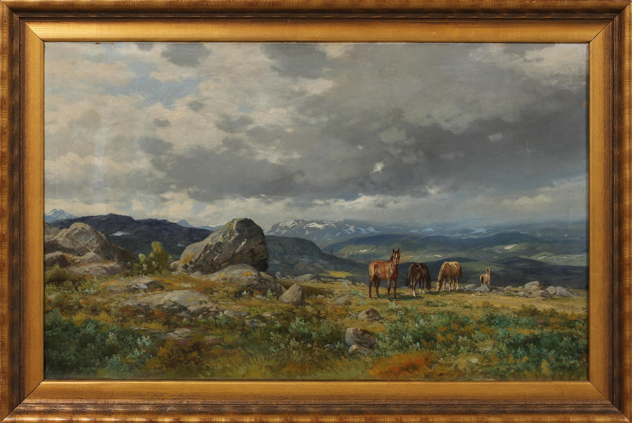 OLAF NORDLIEN. Landskapmotiv med hästar, olja på duk, signerad.