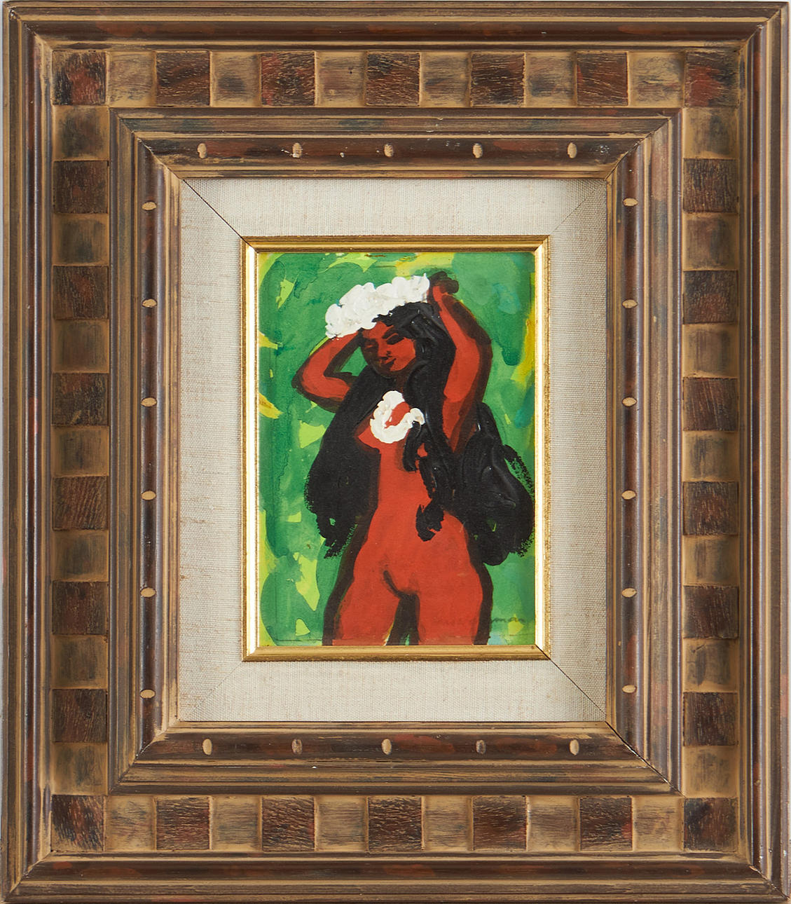 LARS NORRMAN. Modell mit Blumenkranz, Öl auf Holz.