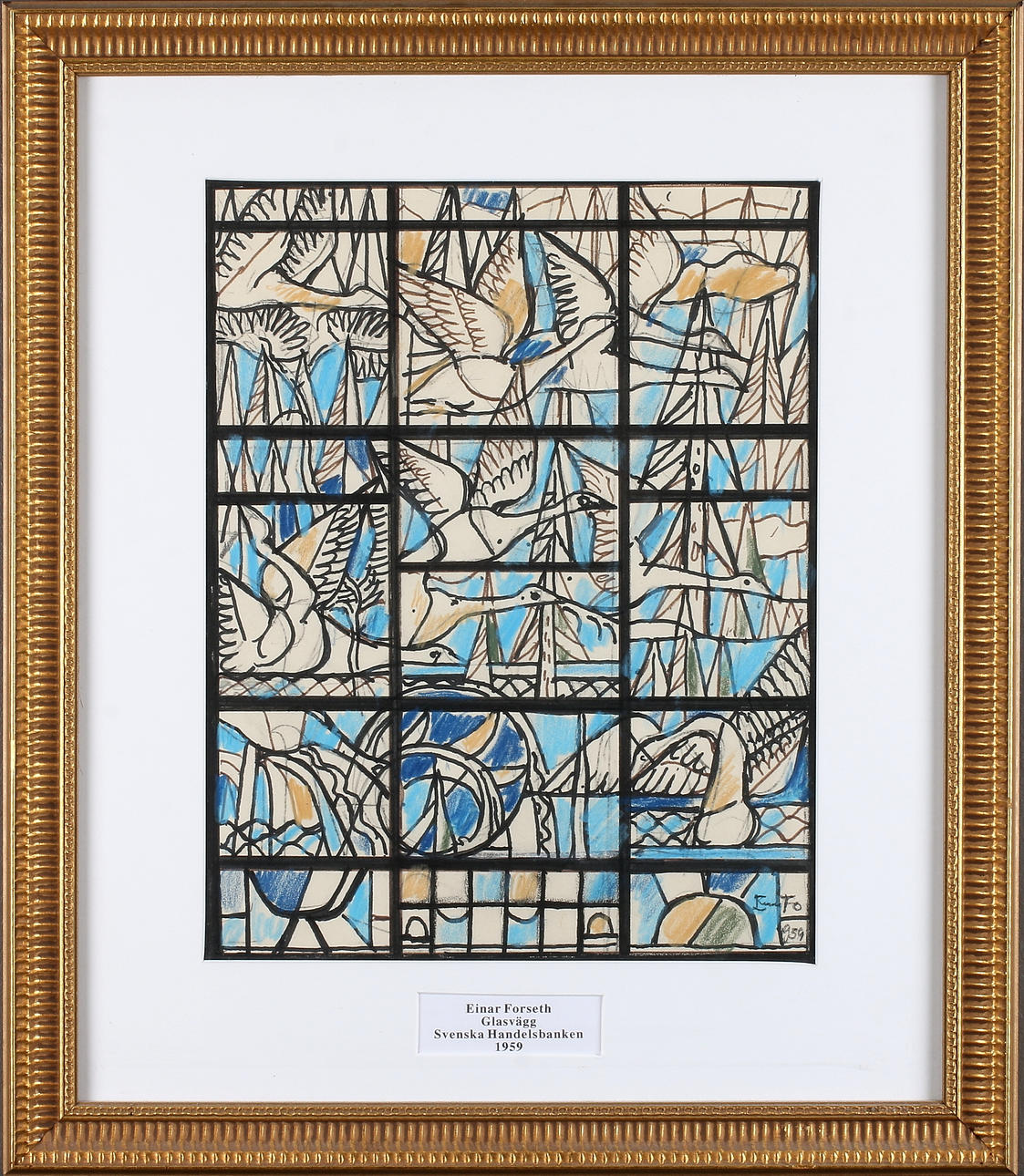 EINAR FORSETH. "Förlaga till glasfönster, Handelsbanken", blandteknik på papper, signerad och daterad 1959.