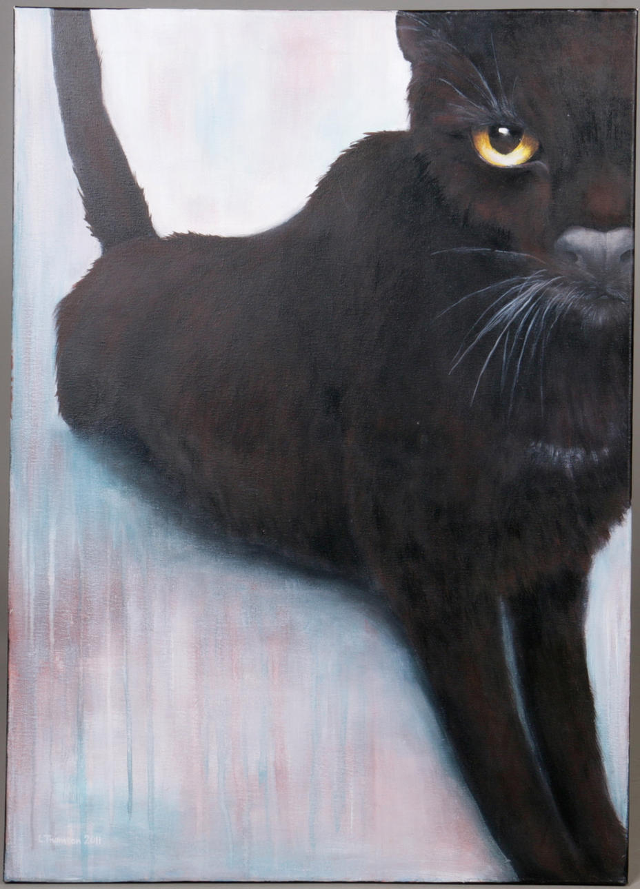 LENA THOMSON. Olja på duk, smygande katt, signerad samt daterad 2011.