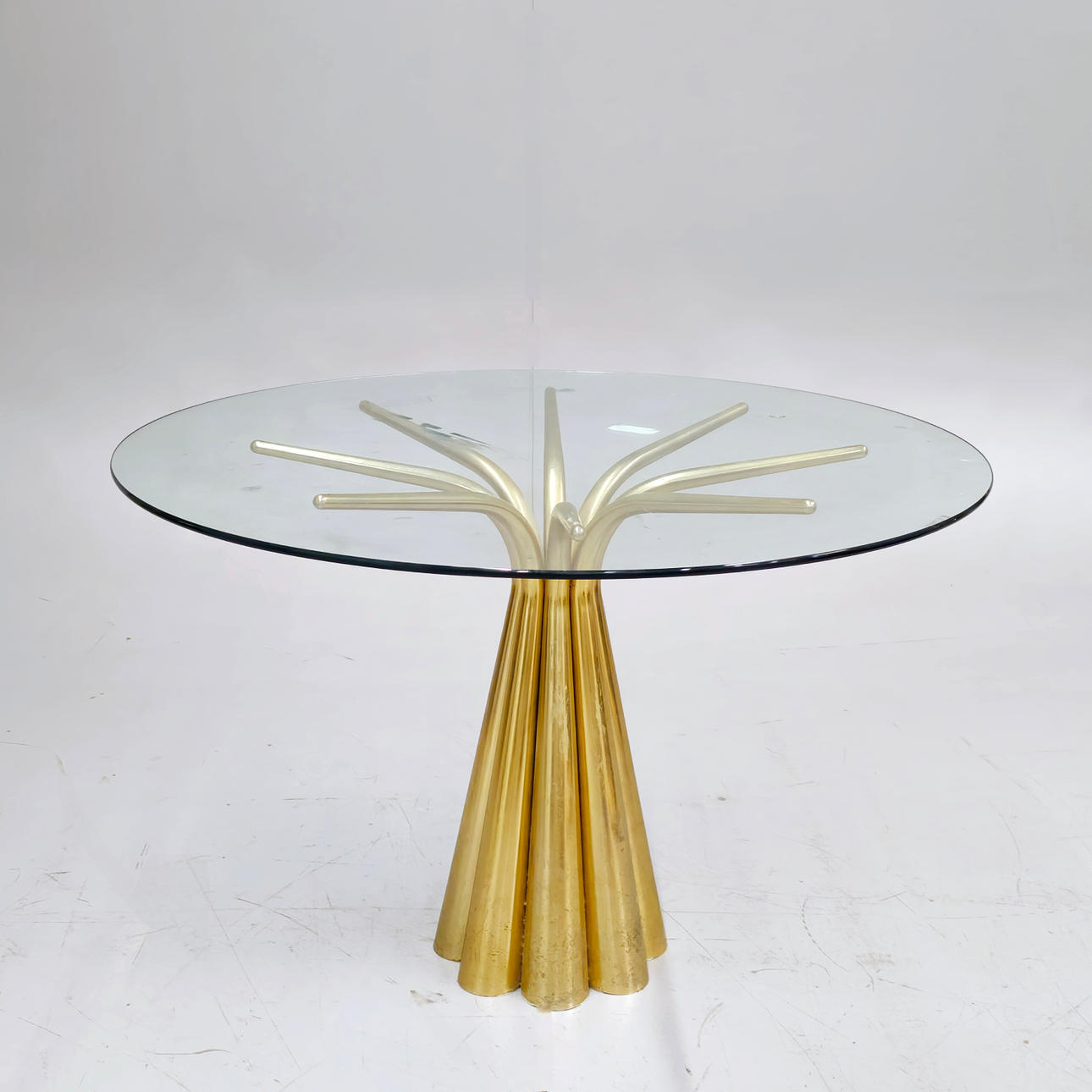VIDAL GRAU. DINING TABLE. IRON. TRANSLUCENT GLASS ENVELOPE. 1970S.