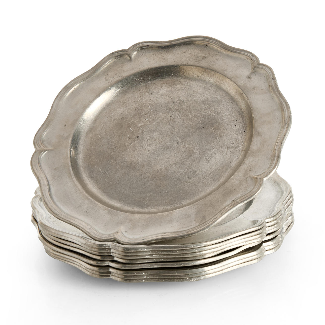 PLATES, 9 pcs, pewter, marked Orrklou, rococo style.