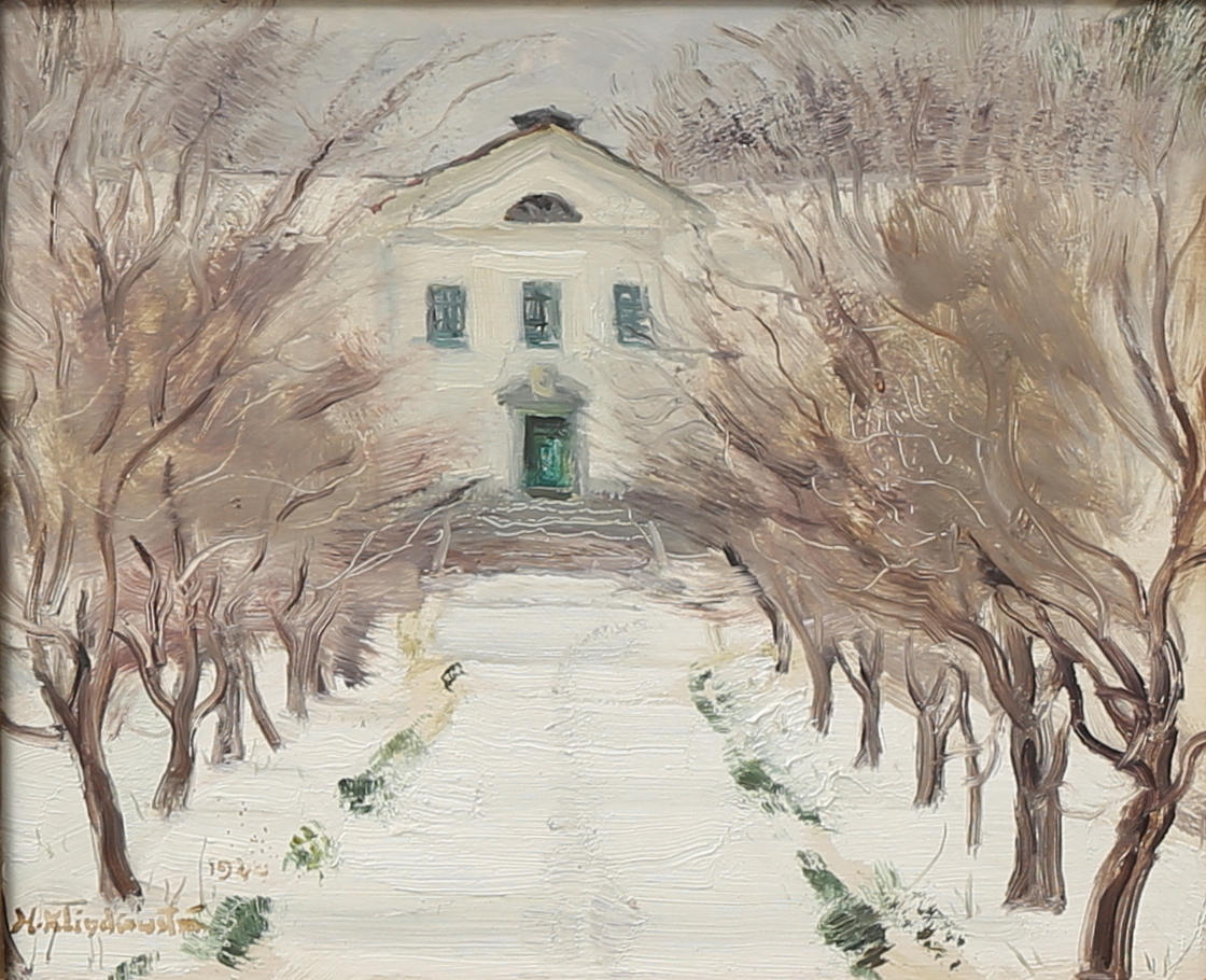 HARALD KLINCKOWSTRÖM. "En glimt av herrgården", Olja på pannå, signerad.