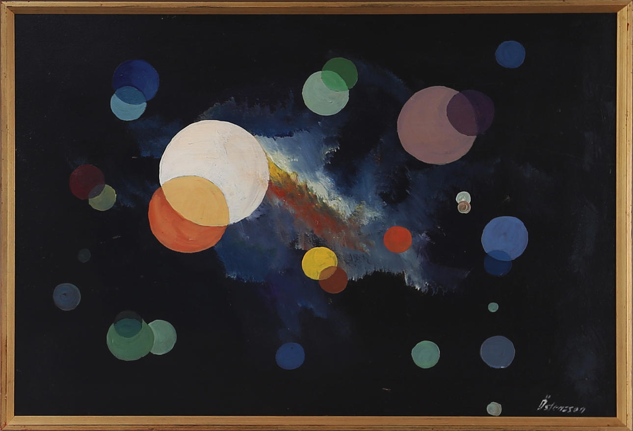 RUNE ÖSTENSSON. Komposition, olja på pannå, signerad.