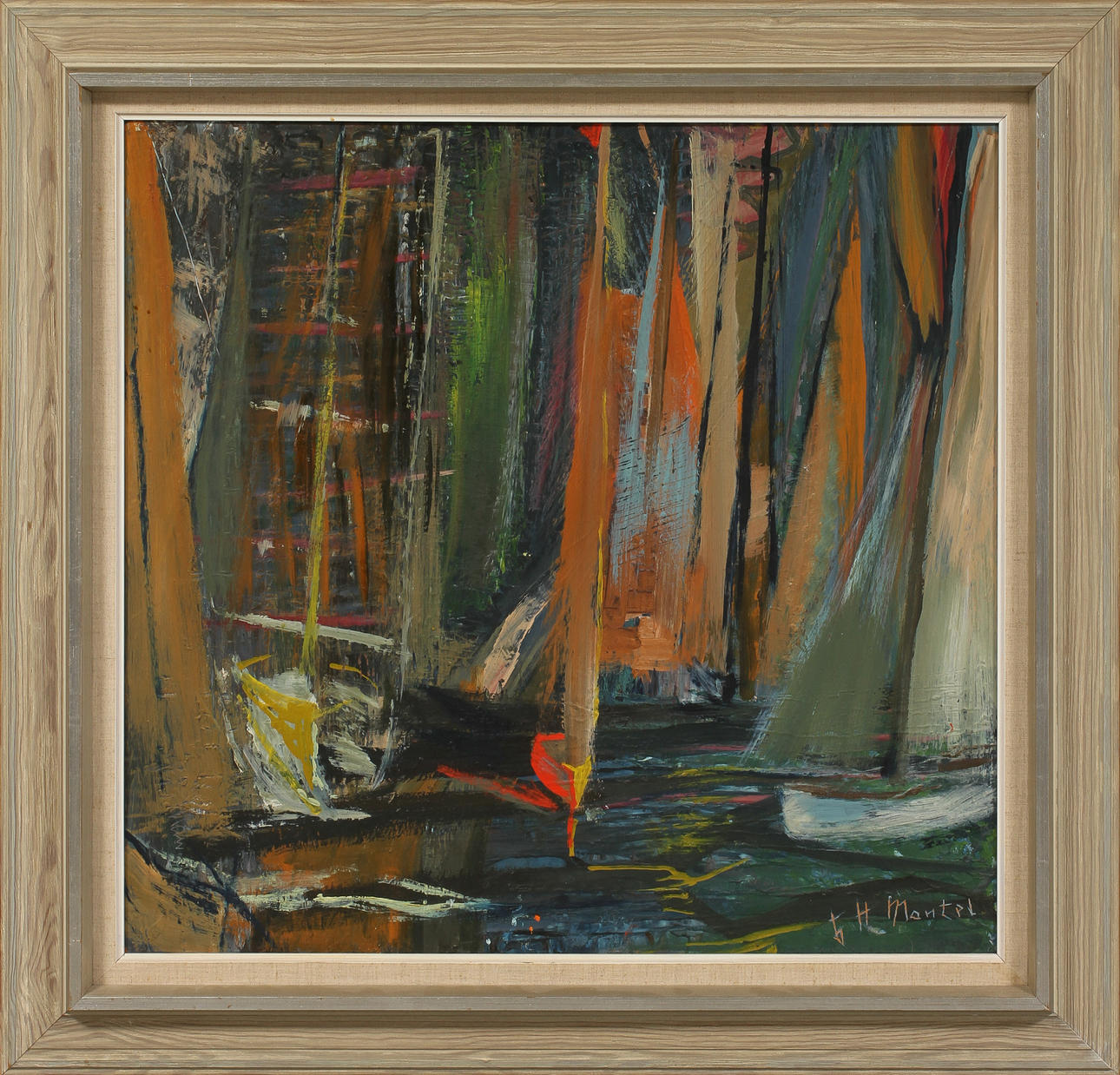 HELMUT MANTEL. TILLSKRIVEN. Segelbåtar, olja på pannå.