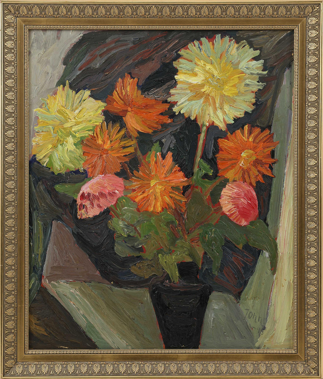 GUNNAR JONN. Still life with flowers, oil on panel, signed.
